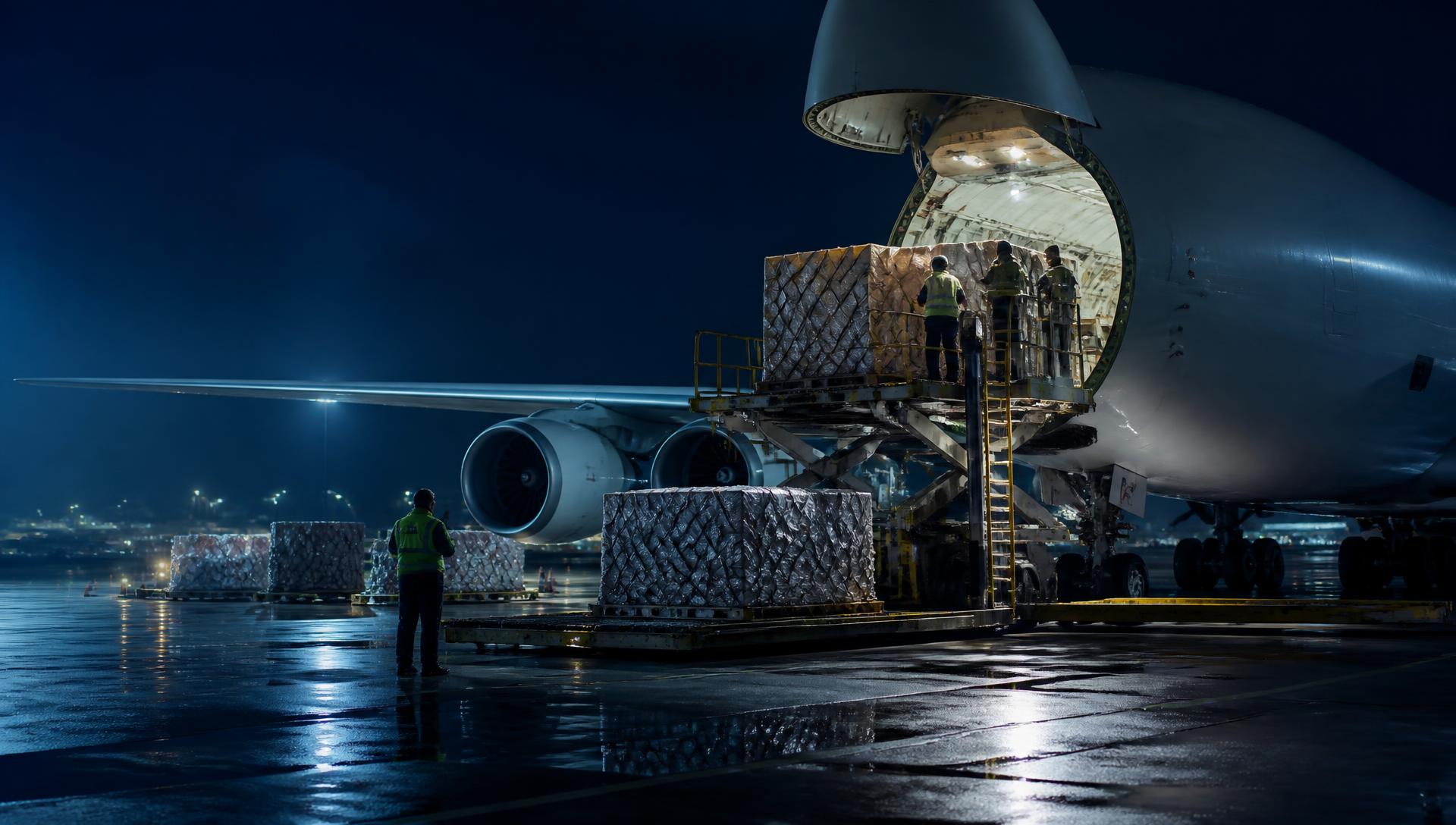 Carregamento noturno de cargas em uma aeronave cargueira